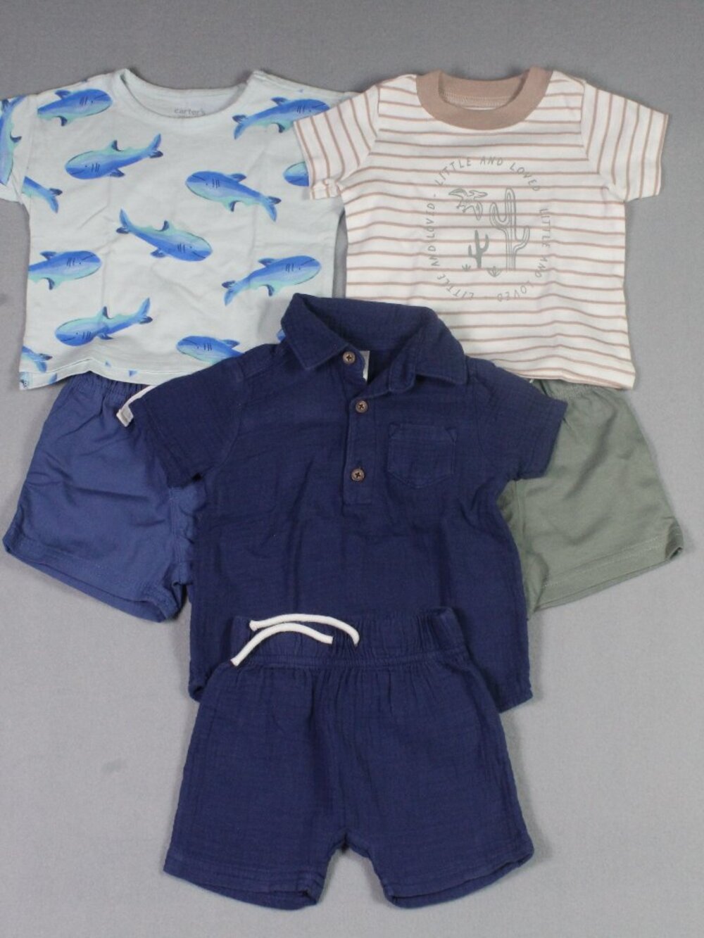 Carter's 3M Baby Boy 3-Set 6pc Bundle Cactus Polo Shark Print Shorts